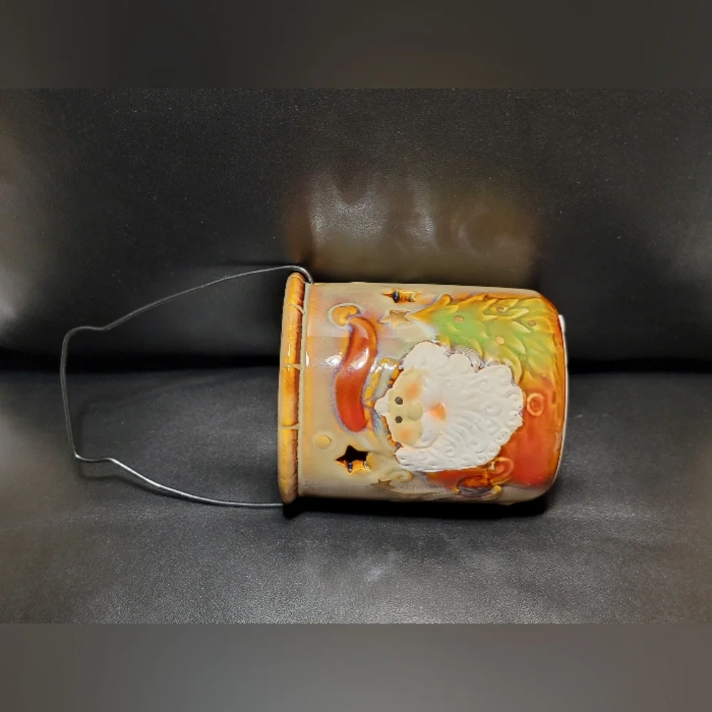 Vintage Ceramic Santa Claus Christmas Textured Lantern Tea Light Candle Holder